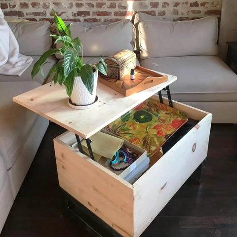 Heavy Duty Lift Up Hydraulic Hinge Set For Coffee Tables And Furniture Two Pair Folding Lift Top Hinges No Fuss Lift Top Hardware With Anti Rust Steel Construction Supports Up To 50kg Easy Lift Mechanism Built For Home Improvement By GENHAKON installed on wooden coffee table with lifted top displaying storage area.