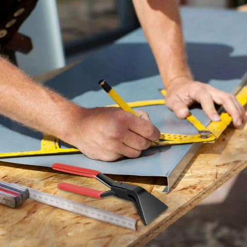 Sheet Metal Pliers And Bender For 45 Degree Bends 60mm Wide with non-slip handle on a workbench, high-carbon steel seamers visible.
