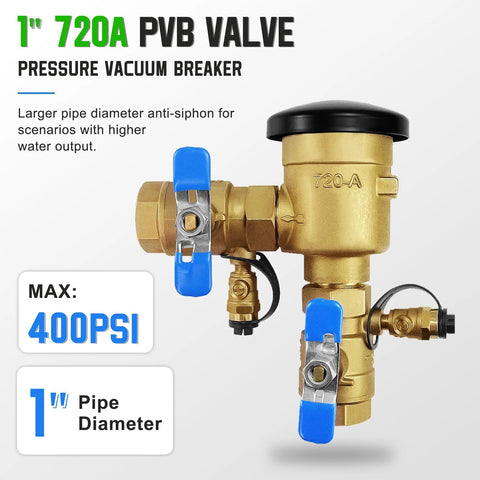 Brass 1 inch PVB valve assembly with metal top cover and two blue lever shutoffs, backflow preventer 720A, 400 PSI.