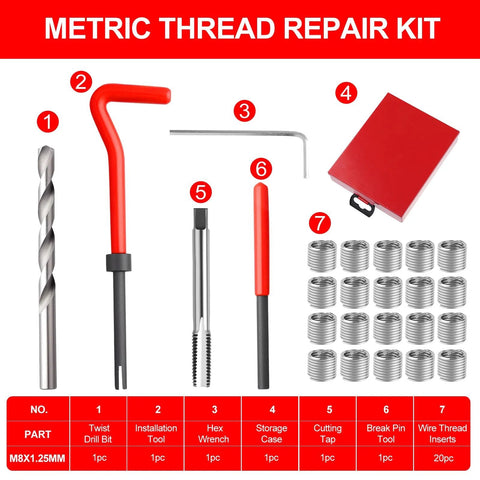 M8x1.25 Helicoil Thread Repair Kit With HSS Drill Bits And Inserts Carry Case showing tools and components with storage case