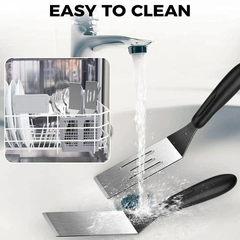 Three Piece Mini Slotted Spatula Set For Serving And Turning In The Kitchen 8 By 1 Point 7 Inch Metal Spatulas in sink and dishwasher