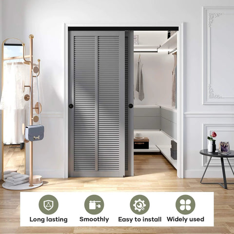 Double Sliding Pocket Door Bypass Hardware Kit 5ft Aluminum Track Pro Grade Quiet Glide Smooth Rollers Easy Install Bypassing Closet Door Rail Black Finish Heavy Duty Commercial Style