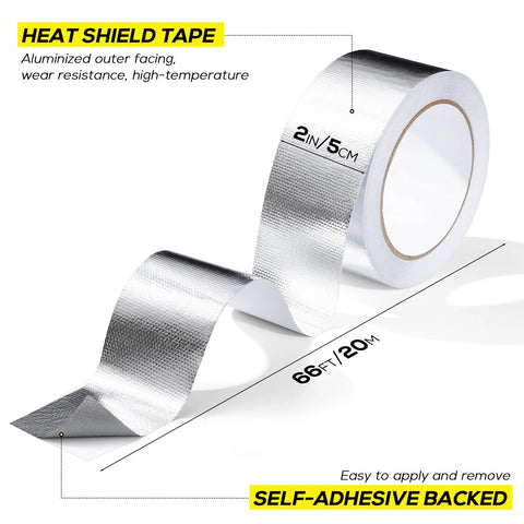 Aluminum foil heat shield tape, 2in x 66ft, silver, self-adhesive back for automotive exhaust use