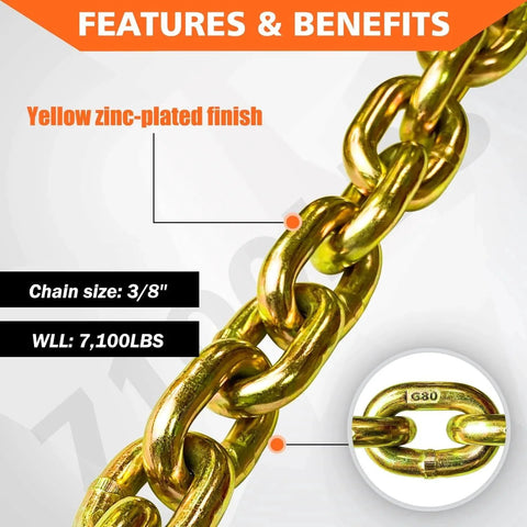 Close-up of yellow zinc-plated G80 Transport Binder Chain Three Eighths Inch Ten Foot Clevis Grab Hooks Safe Working Load 7100 Lbs For Tie Down Towing.