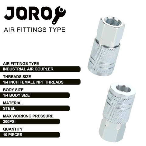 Go-To 1/4 Inch Air Hose Fittings Set With Industrial M-Type Coupler, 1/4 Inch NPT Threads, Steel Construction, 10-piece