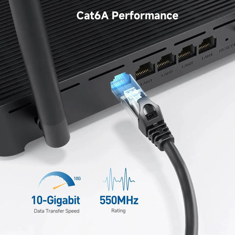 10 Gbps Snagless Shielded Cat6A Ethernet Cable 50ft Black connected to router, illustrating high-speed LAN networking.
