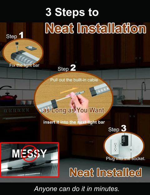 Installation guide for Under Cabinet LED Lighting Kit With Built In Adjustable Cable No Mess Wires Three Panel Under Counter Lights.