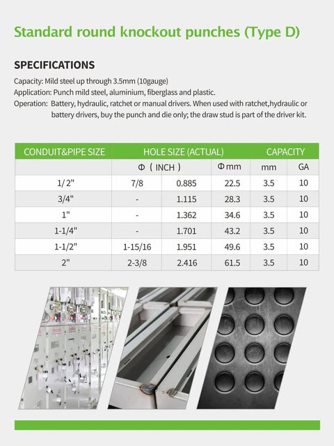 Specifications table for 8 Ton Hydraulic Knockout Punch Tool Kit With 6 Dies One Half Inch To Two Inch for Steel and Stainless Conduits