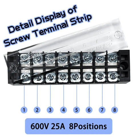 Detail view of a 600V 25A terminal block from 4 Sets 8-Position 600V 25A Terminal Blocks With Cover, Dual Row Ground Bus Bar Wire Screw Terminal Kit, Easy Wiring, Clean Install, Pre Insulated Terminal Strips WW004-2508 showing numbered sections.