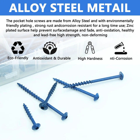 350 Piece Pocket Hole Screws Set With Five Sizes Size Eight To Two And A Half Inch Square Drive Coarse Thread Wood Screws With Blue Coated Finish And Included Drive Bit For Outdoor DIY Projects, shown with eco-friendly, high hardness features