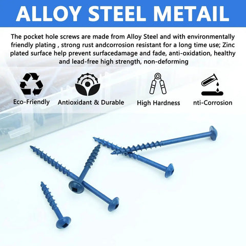 660 Piece Pocket Hole Screws Set With 5 Sizes No 8 1 In 1 And A Quarter In 1 And A Half In 2 In And 2 And A Half In Square Drive Self Tapping Coarse Thread Wood Screws Blue And Zinc Coated With Included Drive Bit For Durable Woodworking Pro Grade, layout view with screws displayed on surface