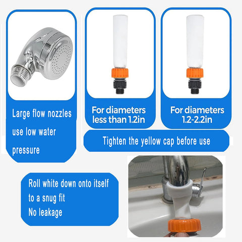 Sink hose attachment with chrome finish and orange cap; fits diameters 1.2–2.2 in (Amazon brand)