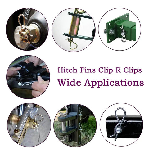 75 Pcs Hitch Pin Clips R Clips Set With 6 Sizes M1.2x21 M1.5x28 M1.8x32 M2x40 M2x45 M2.5x50 Heavy Duty Zinc Plated Retainer Pins Hair Pins For Hitch Pin Lock System Garage Trucks And Small Engine Repair with visual applications for various equipment.