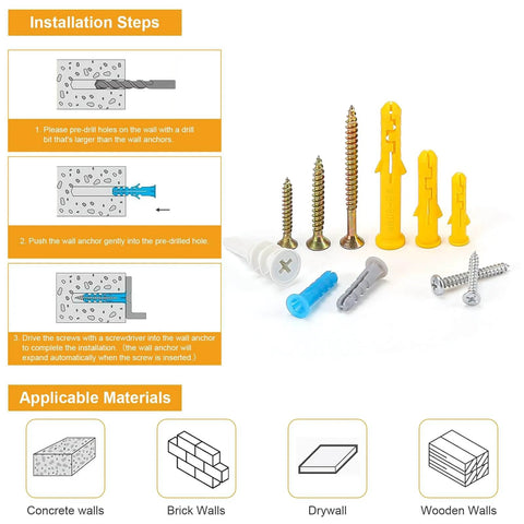 160Pcs Drywall Anchors And Screws Kit With Five Sizes High Hardness Wood Screws For All Hanging Installations, includes installation steps and applicable materials.