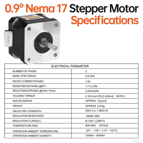High Torque Nema 17 Stepper Motor 0.9 Degree 2 Phase Bipolar 1.2A specs with electrical parameters table for 3D printer DIY CNC