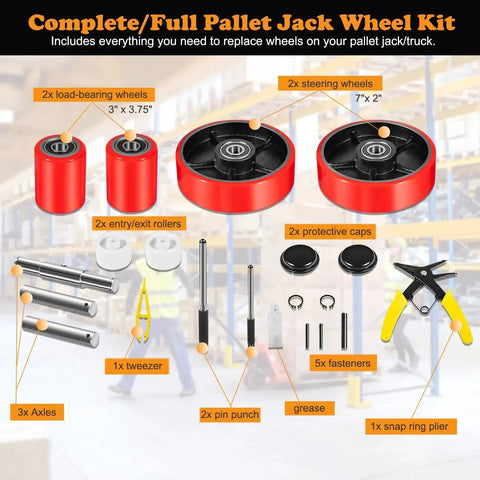 Complete Pallet Jack Wheel Replacement Kit With Dual 7x2 Steering Wheels, Dual 3x3.75 Front Load Rollers, Bearings, and Tools