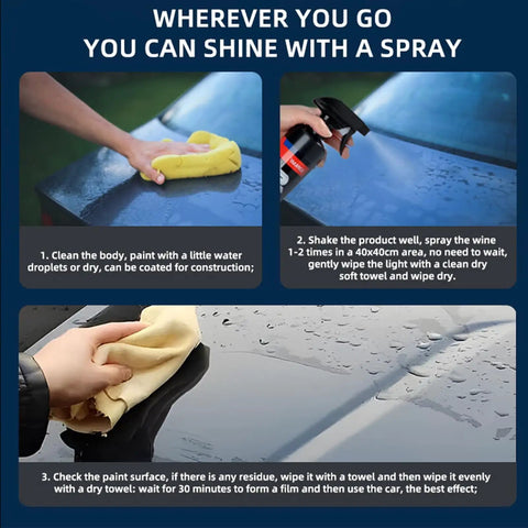 Instructions for using Quick Acting Car Coating Spray With Persistent Liquid Glass Finish Dope Shine Multifunction Coat Renewal Agent.