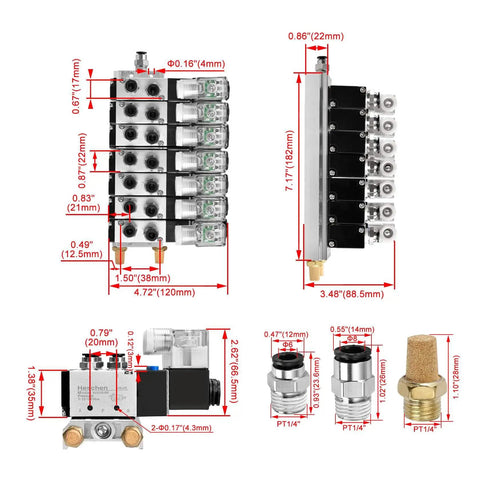 Diagram and measurements of Industrial 6 Port 5/2 Way Pneumatic Solenoid Valve With 24V DC Coil, PT1/4 Inch Ports, fittings, and muffler.