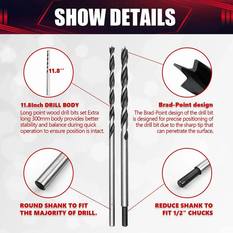 Extra Long Brad Point Drill Bit Set For Wood Seven Piece 12 Inch Carbon Steel Bits with detailed features highlighted