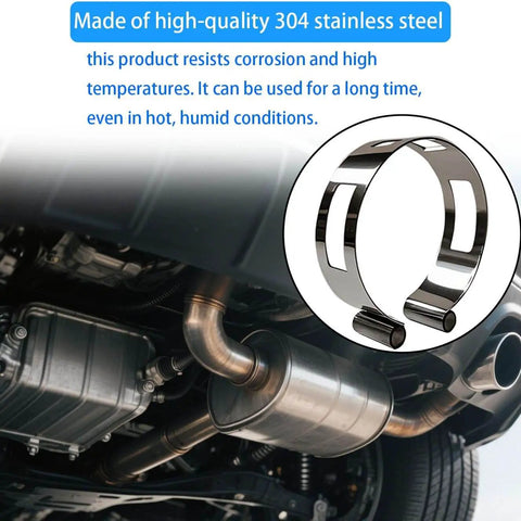 Stainless Steel Exhaust Tack Welding Clamp-On Kit For 2 Inch, 2.5 Inch, 3 Inch, And 3.5 Inch Pipes shown installed under a car.