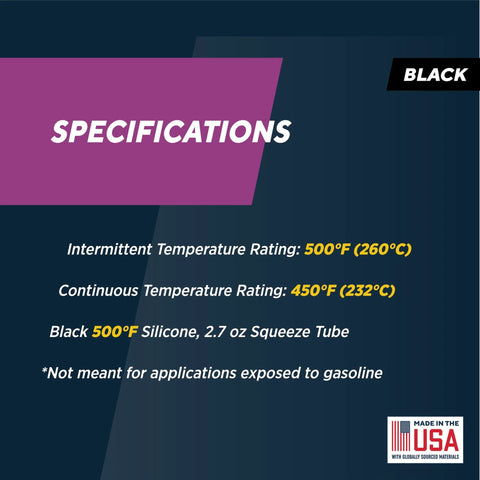 Black 500°F silicone sealant, 2.7 oz squeeze tube; high-temp gasket maker, USA-made