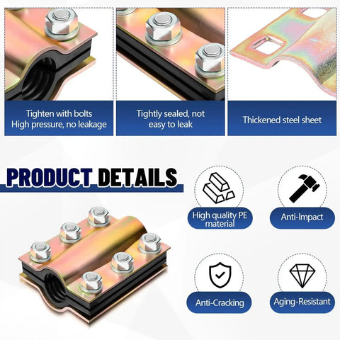 Two Pack Pipe Repair Clamp For Half Inch Pipe Fittings, Four Inch Length, Steel Leak Sealer with rubber liners and bolts, product details.