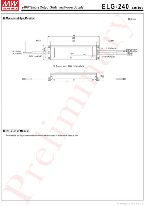 Technical drawing of 24V 10A 240W LED Power Supply With PFC, Single Output Switching Driver For LED Lighting, CV And CC Modes, Universal AC Input, Low Standby Power Under 0.5W, Suitable For Dry Damp Wet Locations, 5 Year Warranty.