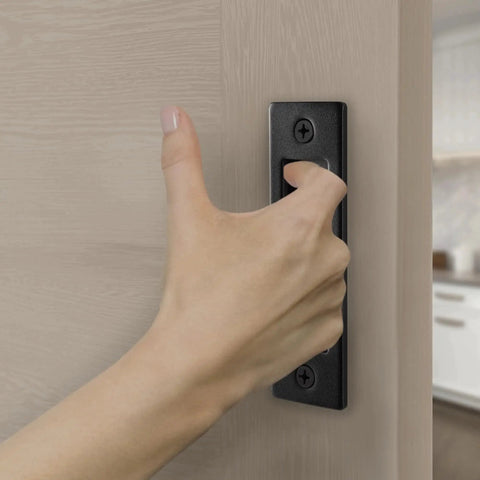 Matte Black Sliding Barn Door Handles Set, 2 Pack With Hardware Kit For Interior Use shown installed on light wood door