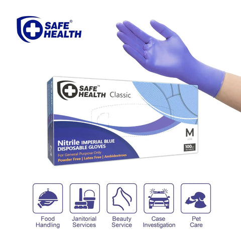 Imperial Blue Nitrile Gloves 3.5 Mil Medium Case 1000 Powder Free Latex Free with box and hand wearing glove