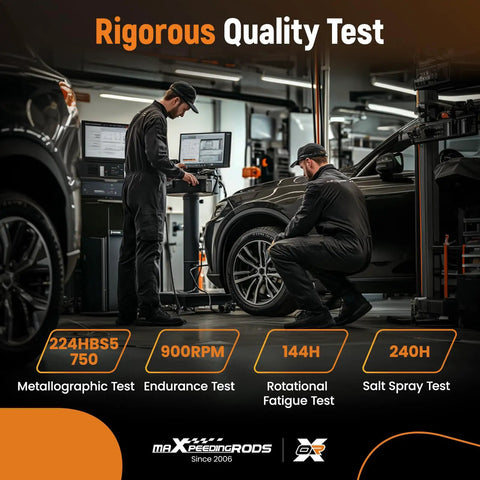 Two technicians conducting quality tests on a vehicle in an automotive workshop, with test results displayed.