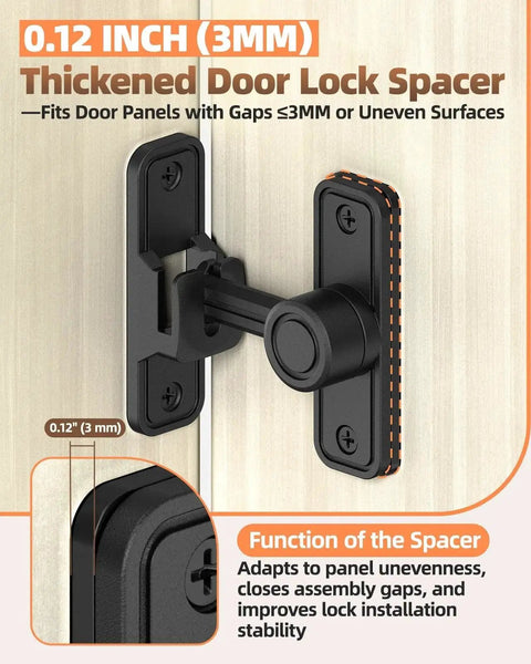Heavy-Duty Zinc Alloy Barn Door Lock With 90/180 Degree Flip Privacy Latch installed with spacer on wooden panel.