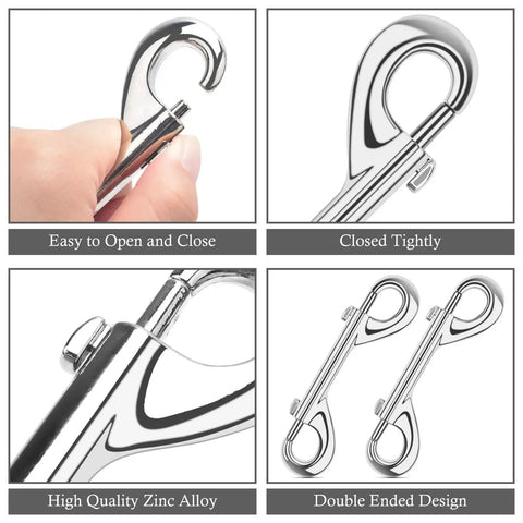 Double Ended Bolt Snap Hooks 4.7 Inch Heavy Duty Zinc Alloy 220 Lb Load, shown in various views illustrating design and material.