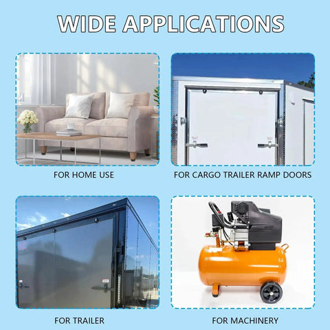 Image showing wide applications of Heavy Duty 2.5 Inch Round Rubber Bumpers With Screw Kit For Trailer Ramp Doors Durable Bump Stops For Air Compressors Pumps Generators And Pressure Washers Multi Purpose Protective Door Bumpers 4 Pack, including home, cargo trailer ramp doors, trailers, and machinery.