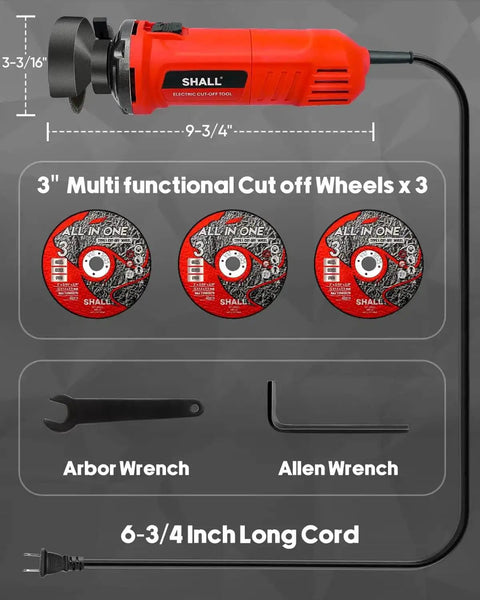 3 Inch High Speed Cut Off Tool With 3.5 Amp Motor And 24000 RPM Metal Cutter Includes Three Cut Off Wheels, accessories shown