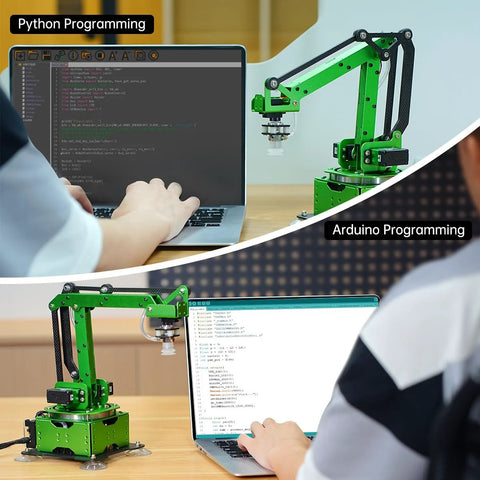 LewanSoul MaxArm Robotic Arm Kit on green metal frame, shown with laptop coding for Arduino/Python.