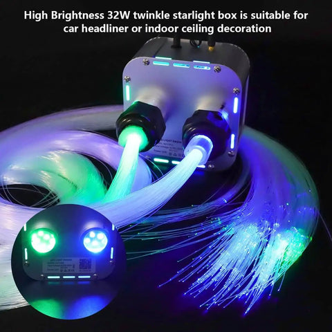 Dual Color 32W Fiber Optic Starlight Headliner Kit with 2300 fibers emitting blue and green lights, remote control visible