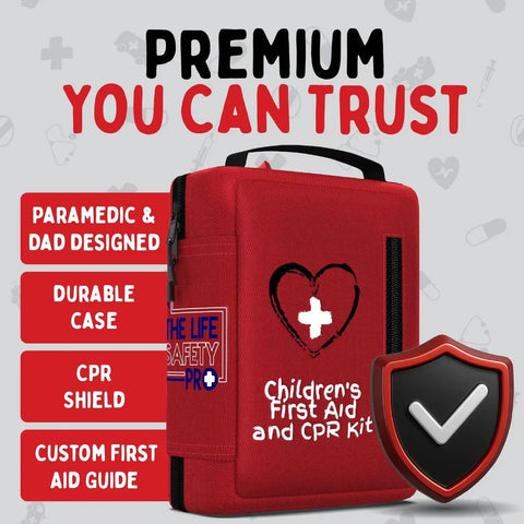 Red Kids Portable First Aid Kit With CPR Shield For Home Car School Camping And Travel by Life Safety Pro, heart design on case