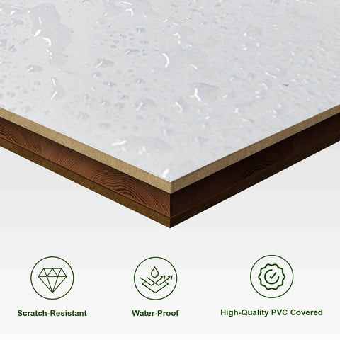 Close-up of waterproof PVC surface and solid MDF core of 84 Inch Wide White Sliding Barn Door With Waterproof PVC Surface 3 Panel Solid MDF Construction Pre Drilled Holes Easy Assembly No Fuss Install Includes 8 Foot Hardware Track Kit And Handle.