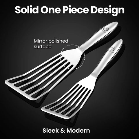 Ultra Thin Edge Stainless Steel Spatula Set With Large Fish Turner And Small Slotted Spatula, Ergonomic Non Slip Handles