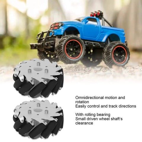 127mm Omni Directional Wheel Set For DIY Education Robot Car Kit with 45kg load capacity, shown with toy truck setup and wheel close-up