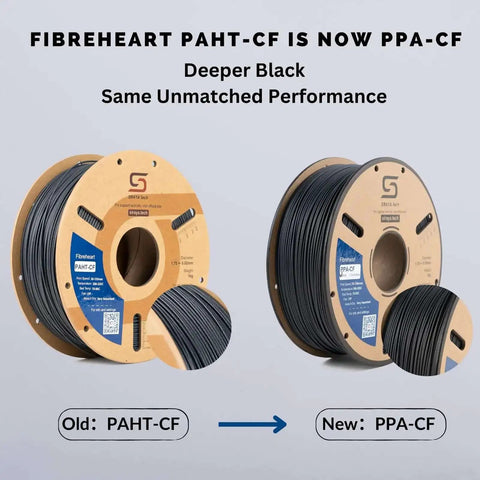 Fibreheart PPA-CF Carbon Fiber Nylon 3D Filament spools showing old PAHT-CF and new PPA-CF for high-temp performance, 1kg black.