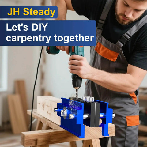 Woodworker using Steady Self Centering Dowel Jig Kit For Straight Holes And Biscuit Joinery Adjustable Width Drilling Guide on wood