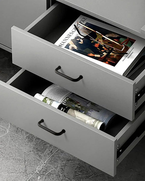 Matte black modern cabinet pulls on gray drawers, 3.75 inch hole center, 96mm, aluminum 6063 alloy, kitchen hardware.
