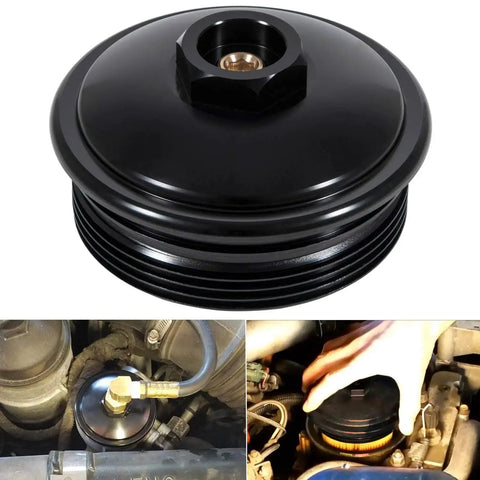 Fuel Pressure Test Kit With Billet Cap And Pressure Port For Ford 6.0L Diesel, focus on black billet aluminum cap and installation