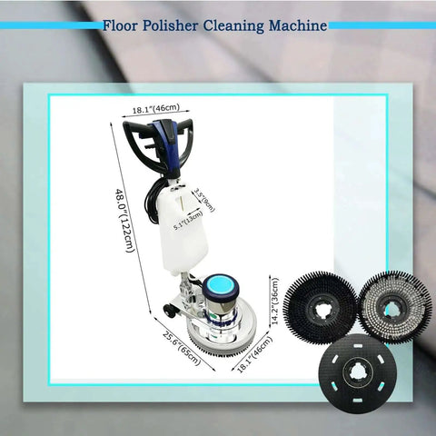 Image showing Beast 18 Inch Floor Scrubber And Polisher Pro Grade Multi Surface Cleaner with dimensions and brush attachments.