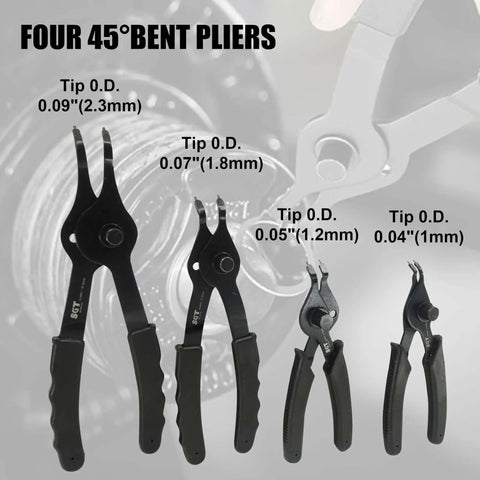 Four 45° bent pliers from a 14 Piece Snap Ring Pliers Set With Internal And External Circlips Pliers Including 45 Degree Bent 90 Degree Bent And Straight Pliers Hook And Pick Pro Grade Heavy Duty Removal Tool With Storage Case And Gloves For Easy Ring Removal, showing different tip sizes.