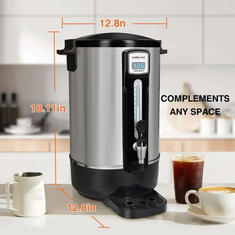 Front view of Commercial Coffee Urn 50 Cup 12L Stainless Steel Heavy Duty Coffee Maker on kitchen counter with cups