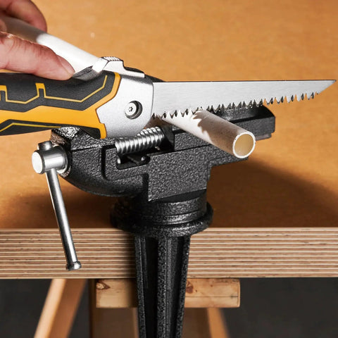 Folding Drywall Jab Saw With Soft Grip Handle For Clean Wallboard Cuts And PVC, 7TPI Triple Teeth 65Mn Steel Blade in use on PVC pipe