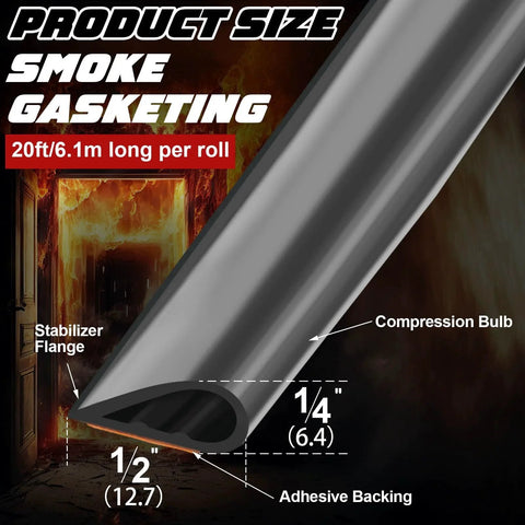 Adhesive Fire and Smoke Gasket Seal for Doors and Windows, Flexible Silicone Rubber Weather Stripping, 0.5in W x 0.25in H x 20ft L, Black