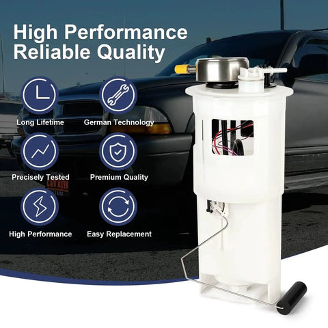 Direct Fit Electric Fuel Pump Module Assembly for Dodge Durango 1998-2003 V6 3.9L V8 4.7L 5.2L 5.9L With Gasket Seal O Ring Replacement E7117M 67657 P74803M FG0238 with performance icons.
